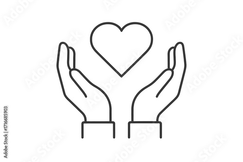 Hands holding heart line icon. Love, care, protection, compassion symbol. Health insurance, emotional support, charity, donation concept. Vector of hope, kindness, and volunteering.