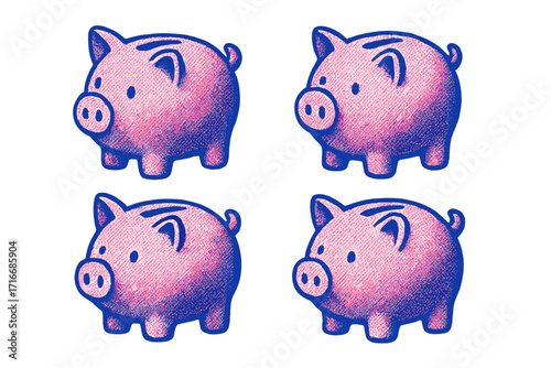 Piggy bank set vector illustration. Halftone duotone risograph style. Concept for savings, finance, investment, economy, and budget. Dotted cartoon money box symbol.