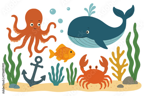 Cute sea inhabitants set. Cartoon octopus, whale, fish, crab, and algae. Marine life on the sea bottom with an anchor. Hand-drawn flat underwater world vector illustration.