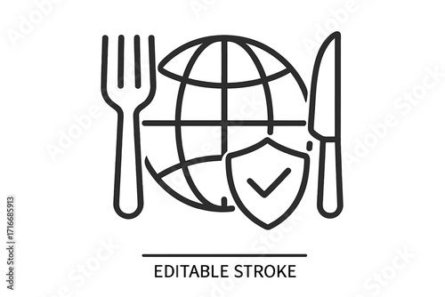 Global food safety and quality standards icon. International food security concept. Certified nutrition and safe eating pictogram. Vector line illustration with fork, knife, and globe.