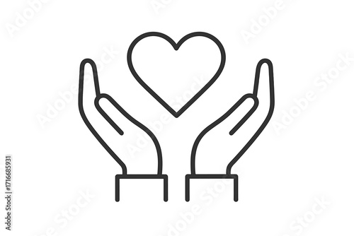 Hands holding heart line icon. Love, care, charity, and donation concept. Symbol of compassion, health, hope, and emotional support. Vector for volunteering and kindness.