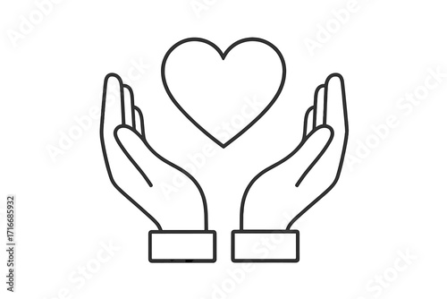 Hands holding heart icon for love, care, protection, and compassion. Symbol of charity, donation, health, and emotional support. Metaphor for volunteering and community.