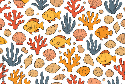 Seamless sea pattern of underwater ocean life with colorful corals, seashells, and cute fishes. Flat vector cartoon illustration background for kids, textile, wallpaper, and summer.