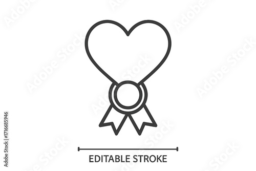 Heart award ribbon line icon. Love, charity, and appreciation symbol. Recognition favorite badge. Quality mark for donation or support. Vector illustration for a prize winner.