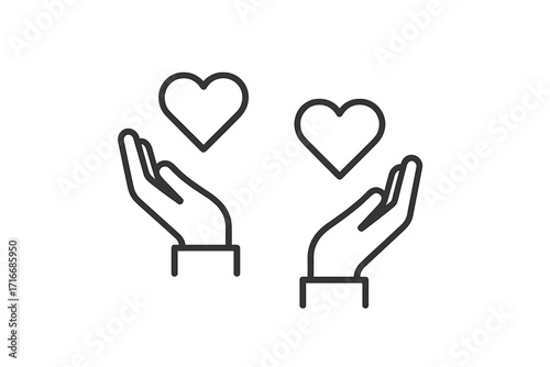 Hands with hearts line icon. Love, generosity, and sharing concept. Charity, donation, and kindness symbol. Emotional support and compassion. Vector thin line illustration.