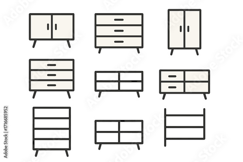 Modern furniture icon set. Minimalist line art of cabinet, drawer, shelf, dresser, and sideboard. Vector illustration for home decor, interior design. Simple outline graphic.