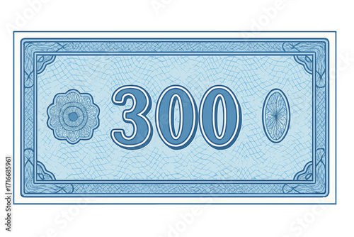 Voucher template for 300. Banknote design with blue guilloche pattern, watermarks, and secure border. Money concept for gift voucher, coupon, award certificate, or diploma.