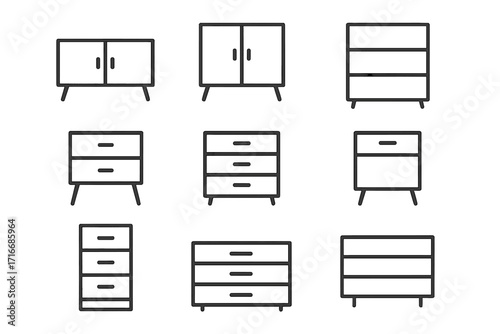 Minimalist furniture line icon set. Modern home interior decor elements. Simple outline vector symbols of cabinet, drawer, dresser, and shelves. Storage pictogram collection.