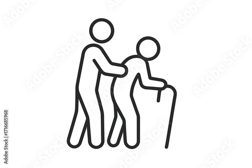 Helping elderly person icon. Caregiver assists senior with cane. Symbol of compassion, support, and respect for old age. Thin line vector illustration, editable stroke.