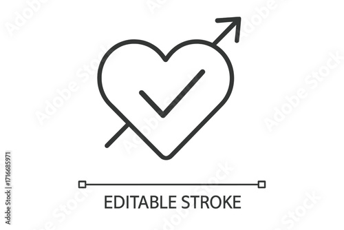 Heart with check mark and arrow icon. Positive impact, progress, and growth concept. Symbol of approval, success, wellbeing, and health. Verified quality and validation sign. Vector.