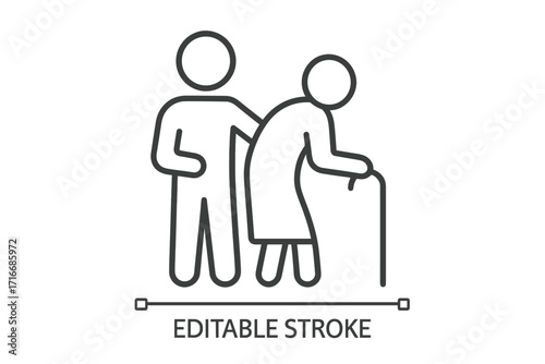 Helping elderly line icon. Caregiver assisting senior person with cane. Concept of support, compassion, respect, assistance, and volunteering. Nursing home vector symbol.
