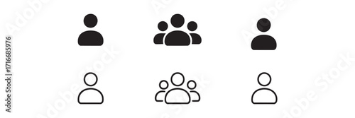 Set of user icons in silhouette and outline styles, representing individuals and groups of people for profiles and communication