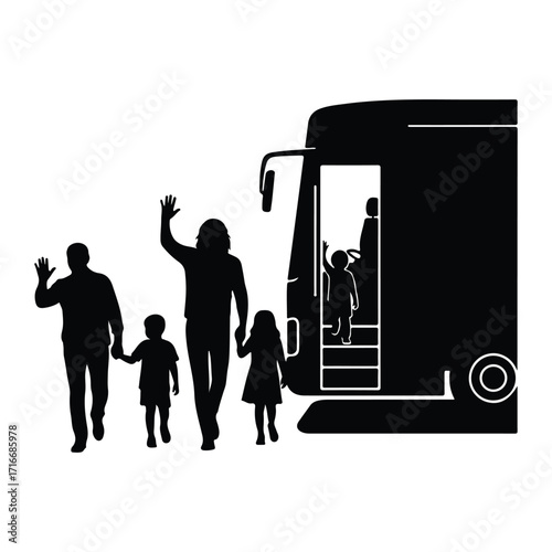Family boarding bus waving goodbye parents children