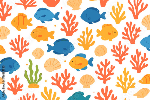 Seamless sea pattern with colorful corals, seashells, and fishes. Flat vector background. Cartoon underwater ocean life illustration. Marine animal design for kids, fabric, textile.