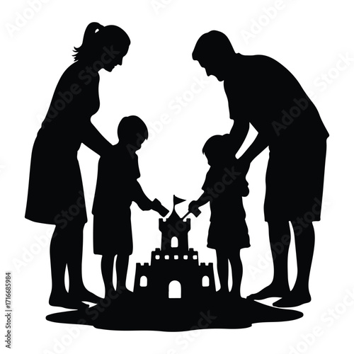 Family building sandcastle together parents children