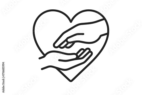 Helping hand icon for charity and donation. Concept of assistance, empathy, support, and kindness. Two hands in a heart shape for social work, care, and community help.