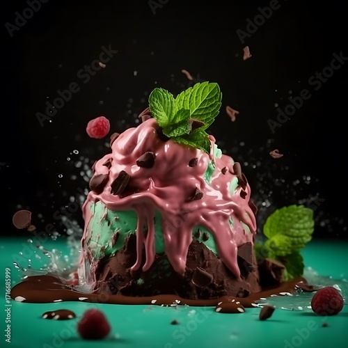 Ice cream scoops with chocolate mint and raspberry a delicious d