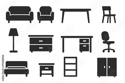 Furniture icon set. Minimalist black silhouettes for home and office interior design. Vector collection of household items like sofa, chair, bed, desk, lamp, and cabinet.