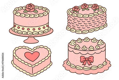 Coquette cakes set with vintage cream decorations. Pink heart cake for Valentine's day. Retro aesthetic hand drawn doodle vector clipart illustration for bakery and party.