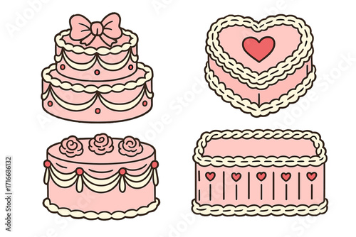 Coquette cakes set, a vintage cake collection with retro cream decorations, bows, and a heart-shaped cake. Perfect for Valentine's Day, birthdays, or girly parties. Hand drawn.