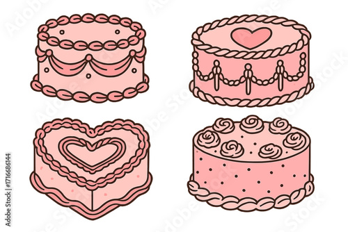 Coquette cakes vector set. Vintage cake collection with retro cream decorations and heart shape. Valentine's day pink coquette clipart. Hand drawn dessert doodle illustration.