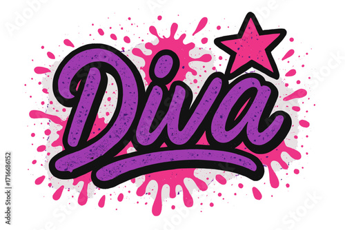 Diva word in urban street art graffiti lettering. Pink paint splash, drops, and star. Feminist slogan for graphic tee print. Concept of feminism, girl power, women's rights.