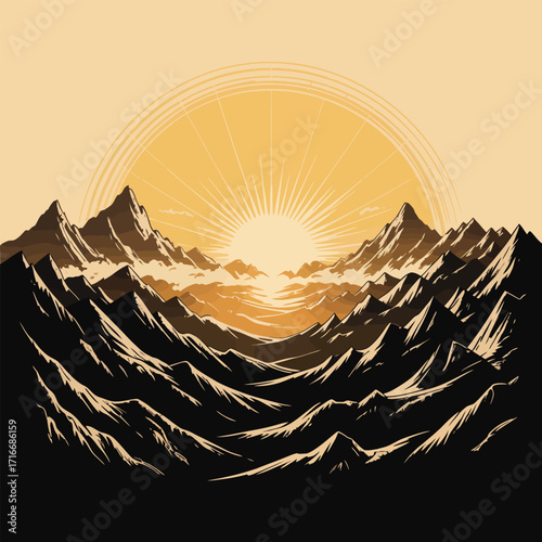 Mountain Range Vector Art Illustration with Sunrise Isolated Landscape Design