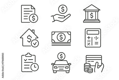 Loan and financing thin line icon set. Financial services, credit solutions, bank money, mortgage and car loan icons. Editable stroke graphic elements. Vector illustration.