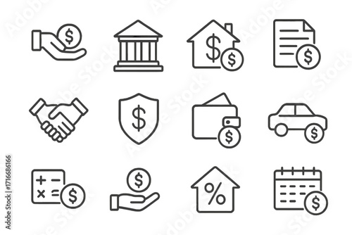 Finance line icons. Loan, credit, mortgage, and banking concepts. Includes car loan, financial protection, investment, interest rate, and budget calculation. Editable stroke.