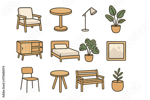 Home and garden furniture icon set. Minimalist indoor and outdoor decor elements. Vector cartoon illustration of Japandi style living room and bedroom essentials collection.
