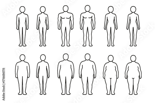 Male and female body shape icon set. Body types from skinny, slim, muscular to overweight, fat and obese. Outline illustrations for fitness progress, weight loss or gain.