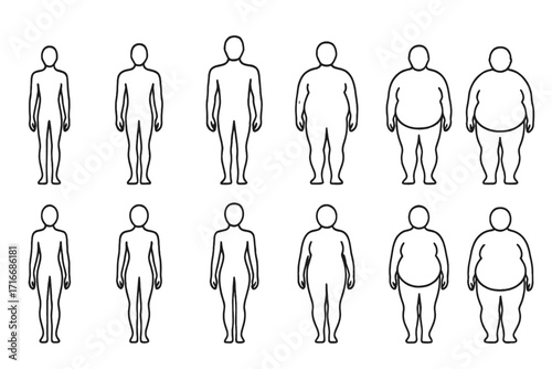 Male and female body shape transformation icon set. Vector illustrations of body types from thin to obese for fitness, weight loss, diet, anatomy and health concepts.