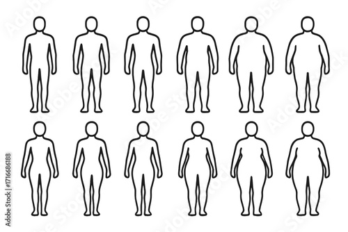Male and female body shape vector icon set. Man and woman figures from thin to fat. Body types for fitness, weight loss, diet, health concepts. Human anatomy symbol.