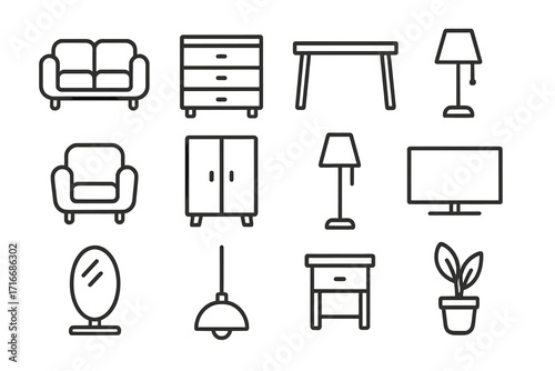Furniture line icon set. Home essentials and accessories for interior design. Minimalist vector illustration of sofa, table, lamp, chair. Outline pictogram collection for decor.