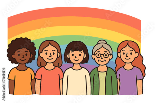 International Women's Day greeting card with diverse women. A row of females of different ages and races. Concept of sisterhood, feminism, female empowerment, and unity.
