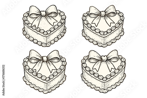 Set of heart shaped cakes with bows. Coquette aesthetic vector illustration. Hand-drawn vintage dessert for birthday, wedding or Valentine's day. Retro sketch style clipart.