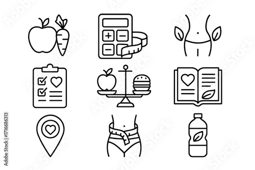 Nutrition and diet icon set. Healthy eating, wellness, and weight management concepts. Outline vector icons for calorie counting, fitness tracking, and healthy lifestyle choices.