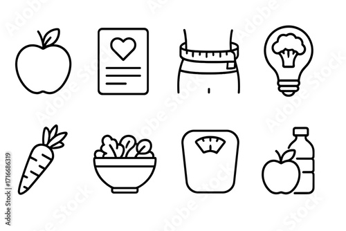 Nutrition and diet outline icon set. Concepts of healthy eating, wellness, weight management. Vector symbols for health, food, fitness, calorie control, meal plan, editable stroke.