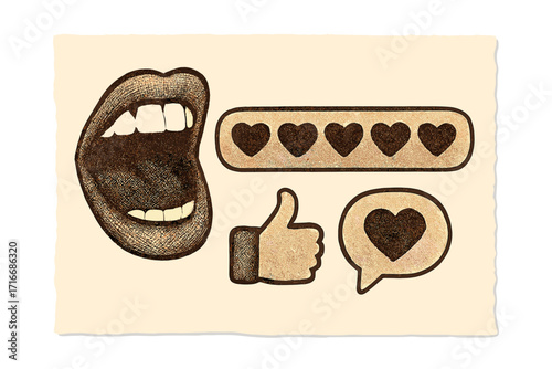 Vector vintage halftone collage with shouting mouth. Feedback, review, and rating concept with five hearts bar, like thumb up, and comment icon. Customer satisfaction opinion.