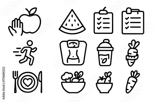 Nutrition and diet line icon set. Healthy eating, wellness, weight management. Vector icons for health, fitness app, food plan, slimming, running, fruit, vegetable, lifestyle.