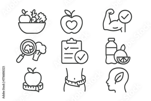 Nutrition and diet icon set. Healthy eating, wellness, weight management. Vector outline symbols for fitness, meal plan, weight loss, healthy mind. Editable stroke.