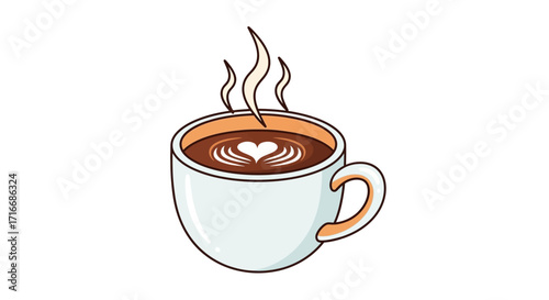 Aromatic Coffee Cup with Heart Design Steam Illustration on White Background