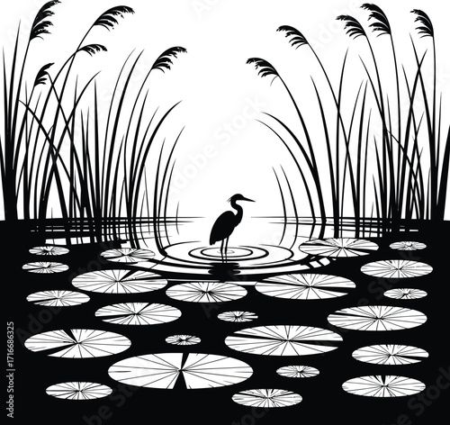 Pond Heron Illustration Isolated Vector Art of Lily Pads and Marsh Reeds Silhouette