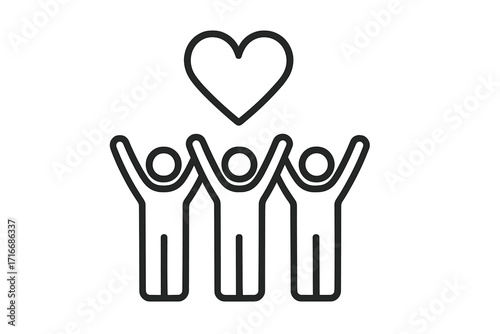 Teamwork and love icon with three people raising hands under a heart. Unity, community, charity, and volunteer support concept. Social group success and cooperation symbol.