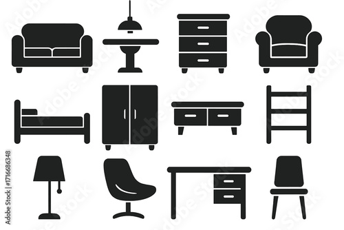 Minimalist home furniture icons set in simple black silhouette style. Vector collection of interior design elements like sofa, chair, table, bed. Flat house furnishing symbols.