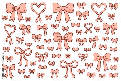 Retro coquette seamless pattern with hand-drawn ribbons, bows, heart loops. Girly vintage vector background. Coquettish aesthetic for Valentine's Day, fabric, wrapping.
