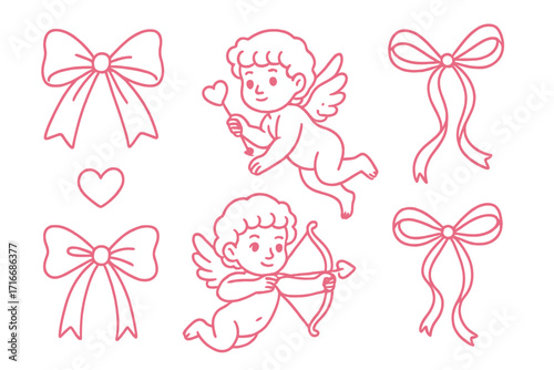 Coquette aesthetic clipart set with linear cupid angel characters and pink ribbons. Girly y2k doodle with bows for Valentine's day. Vector hand drawn coquettish design.