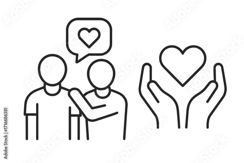 Empathy, love and support line icon. People volunteering, supportive dialogue. Heart in hands for charity, donation. Emotional communication, mental health care concept vector.