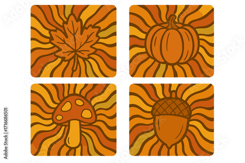 Retro fall season elements set with maple leaf, pumpkin, mushroom, and acorn on groovy wavy sun rays backgrounds in warm autumn colors, 60s 70s psychedelic vector design