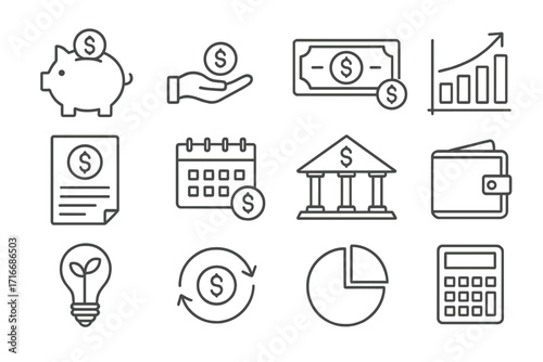 Personal finance thin line icon set. Money management, saving and investing symbols. Vector outline icons for banking, budget, payment, income, and financial planning concept.